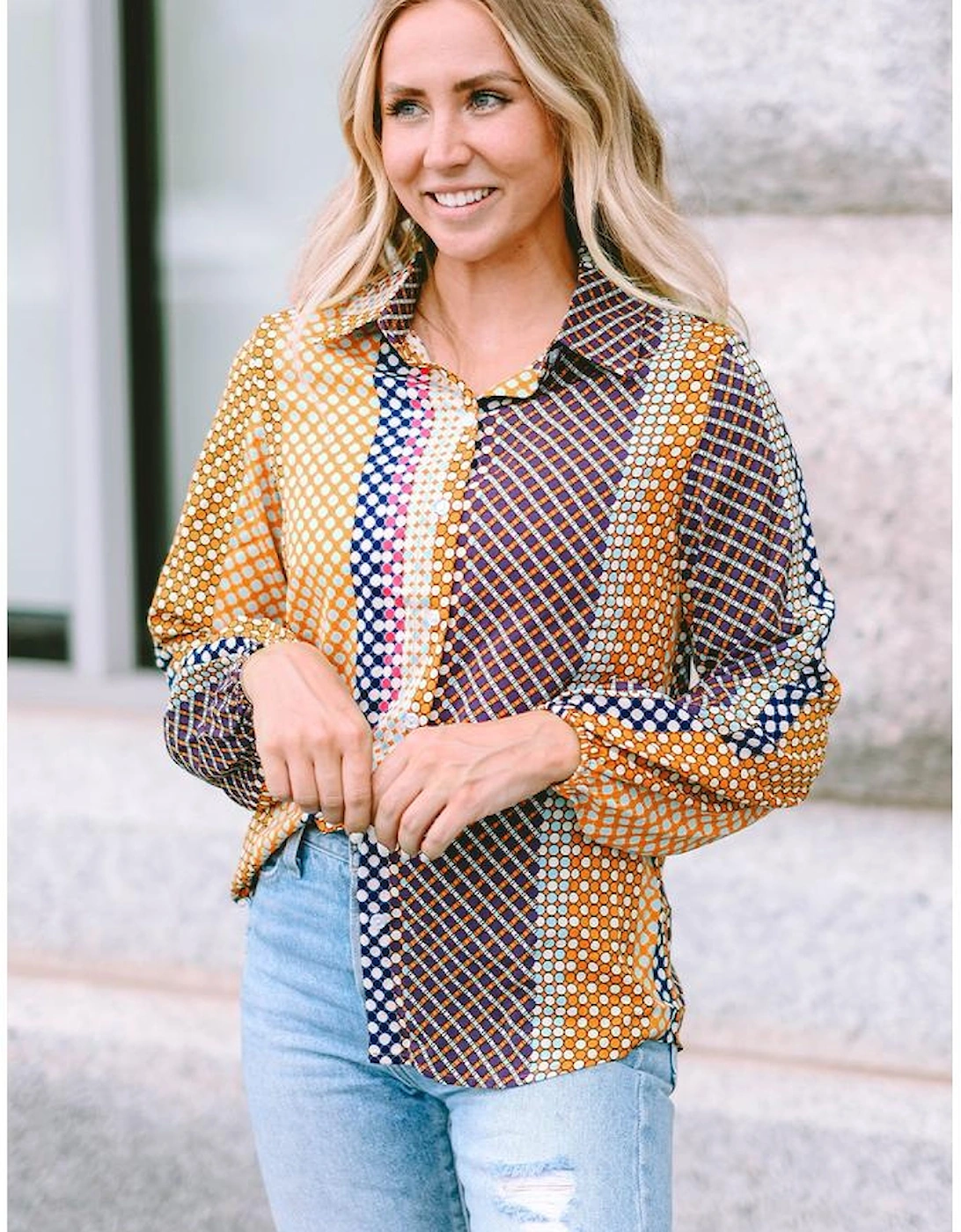 Azura Exchange Long Sleeve Dot Print Button Down Shirt