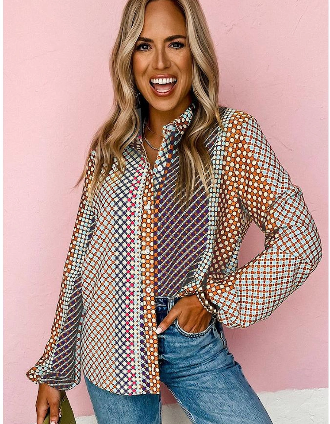 Azura Exchange Long Sleeve Dot Print Button Down Shirt