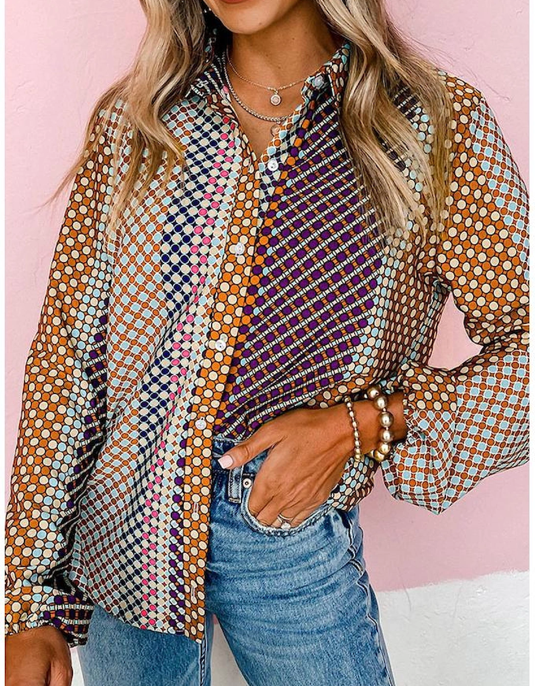 Azura Exchange Long Sleeve Dot Print Button Down Shirt