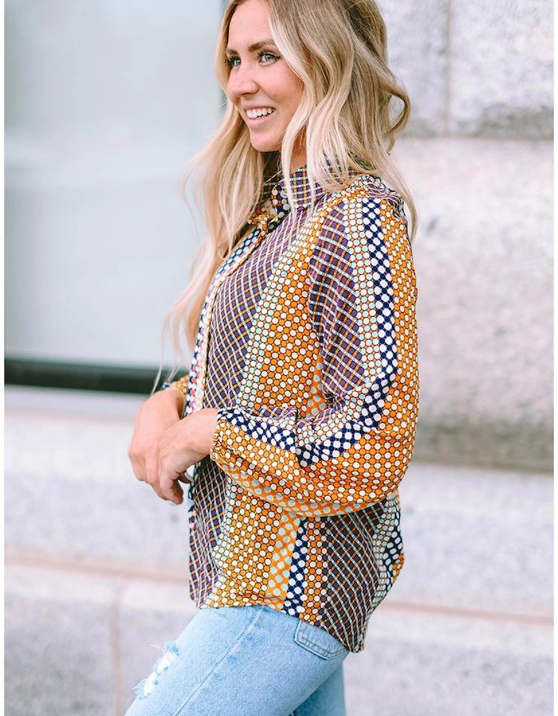 Azura Exchange Long Sleeve Dot Print Button Down Shirt