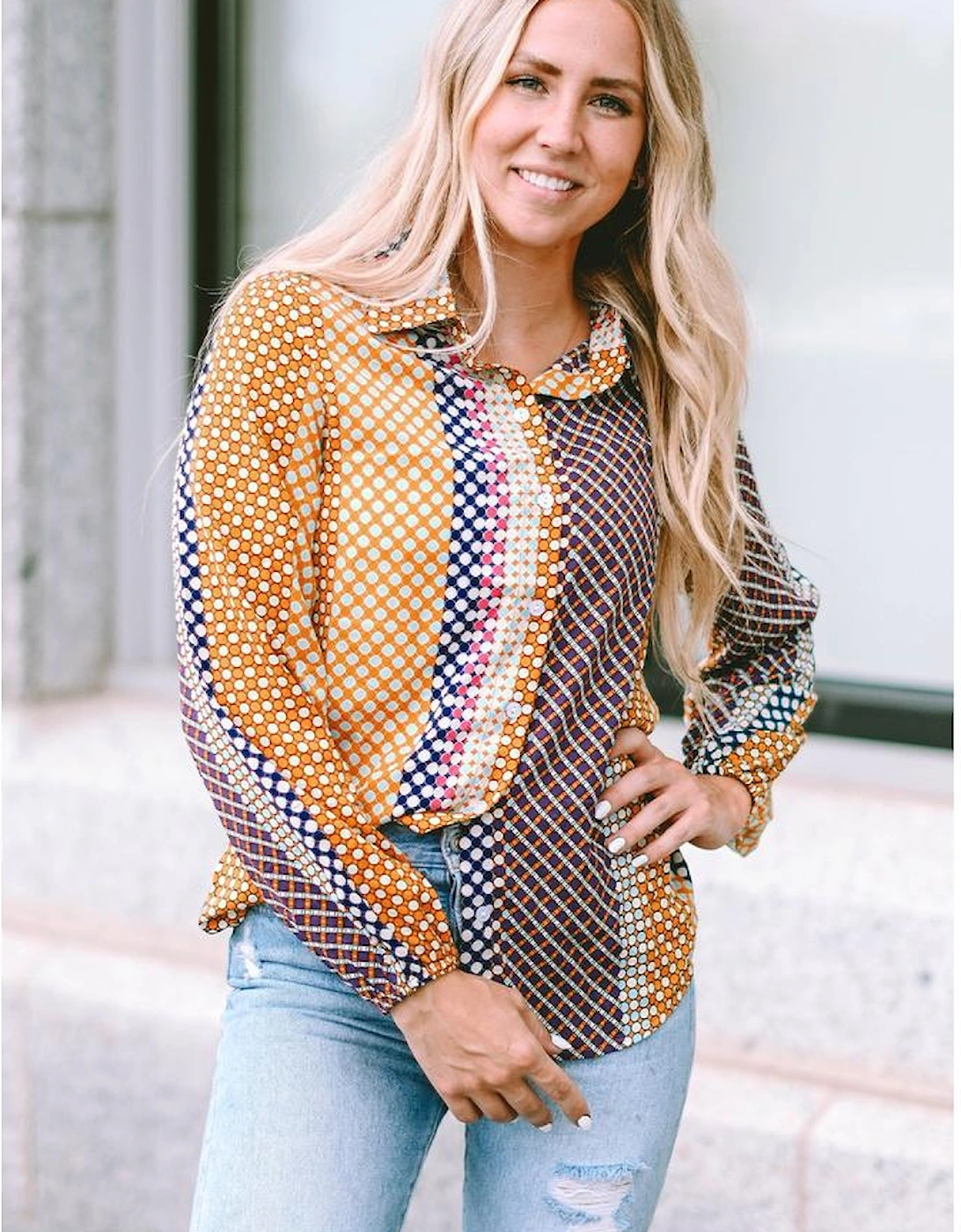 Azura Exchange Long Sleeve Dot Print Button Down Shirt