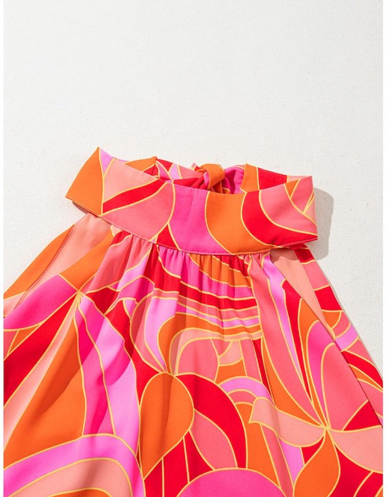 Rose Abstract Printed High Neck Knotted Nape Sleeveless Maxi Dress