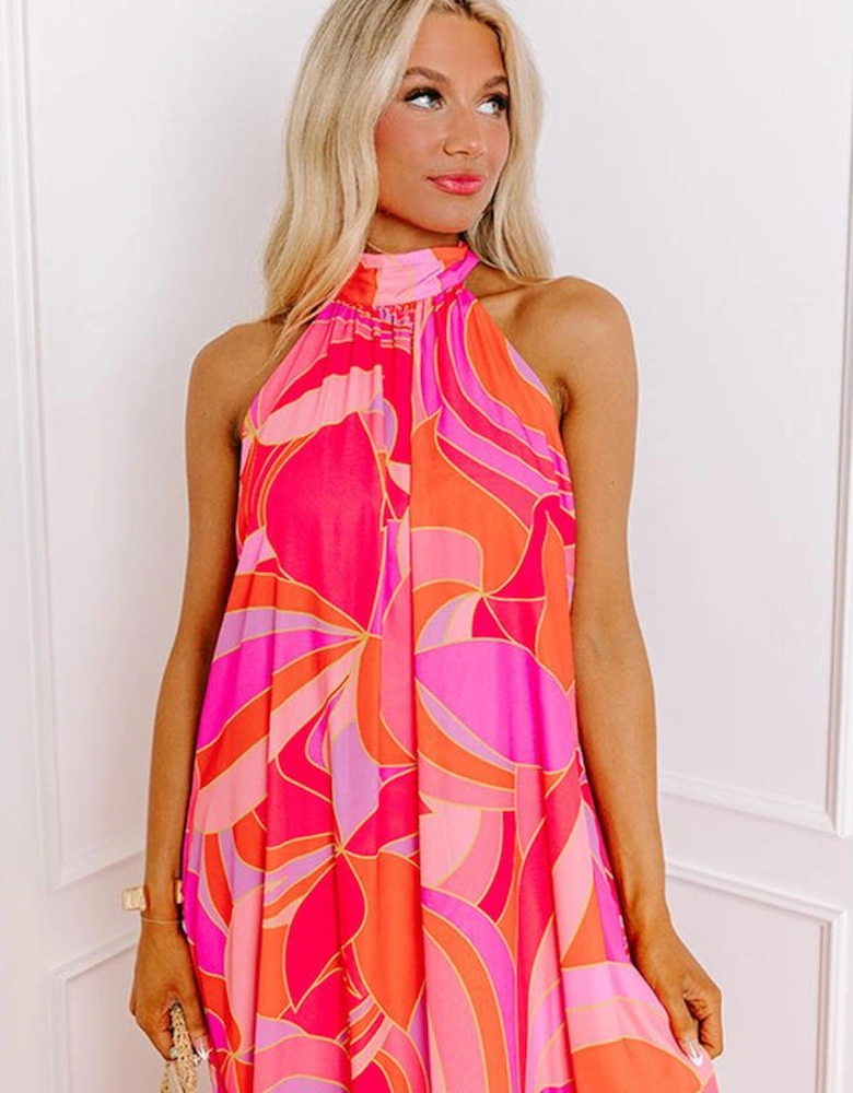 Rose Abstract Printed High Neck Knotted Nape Sleeveless Maxi Dress