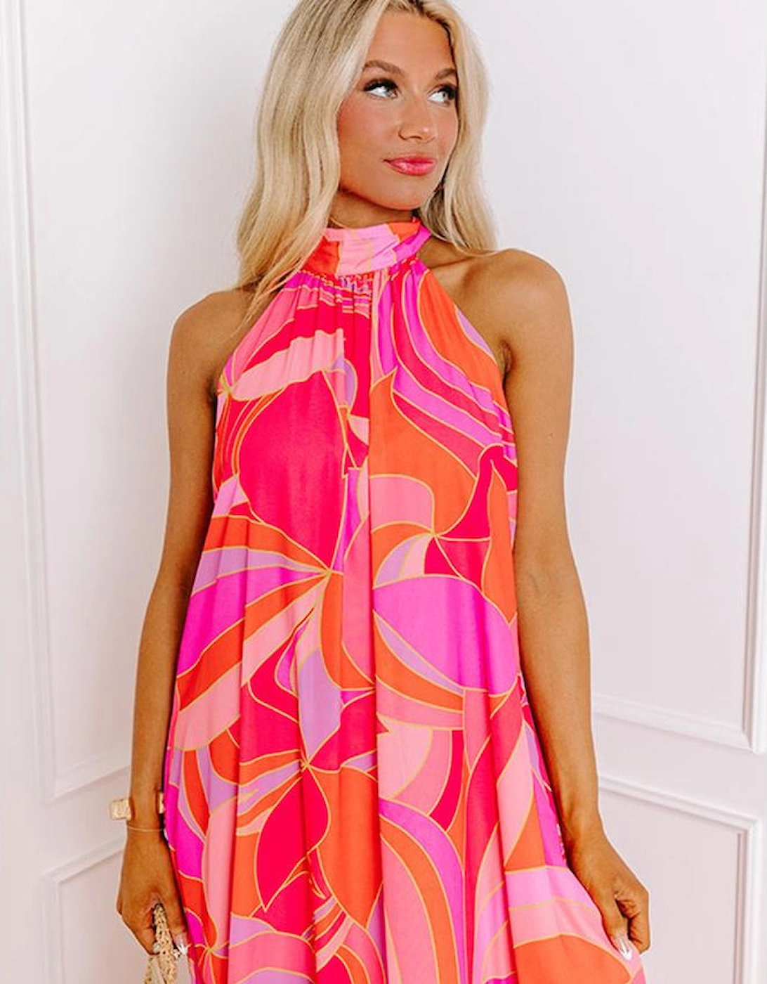 Rose Abstract Printed High Neck Knotted Nape Sleeveless Maxi Dress