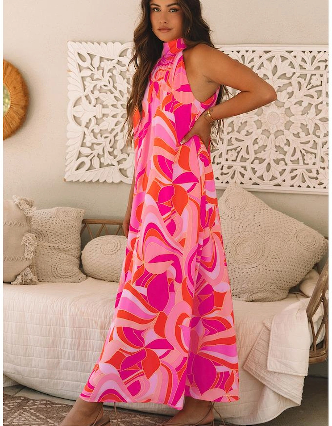 Rose Abstract Printed High Neck Knotted Nape Sleeveless Maxi Dress