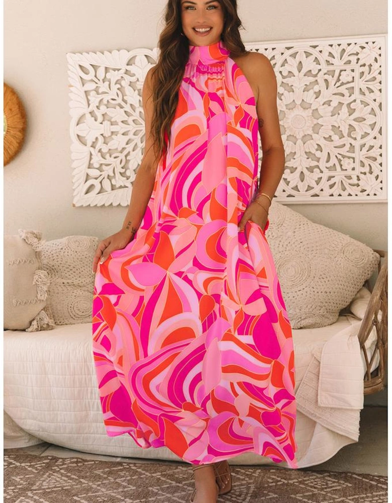 Rose Abstract Printed High Neck Knotted Nape Sleeveless Maxi Dress
