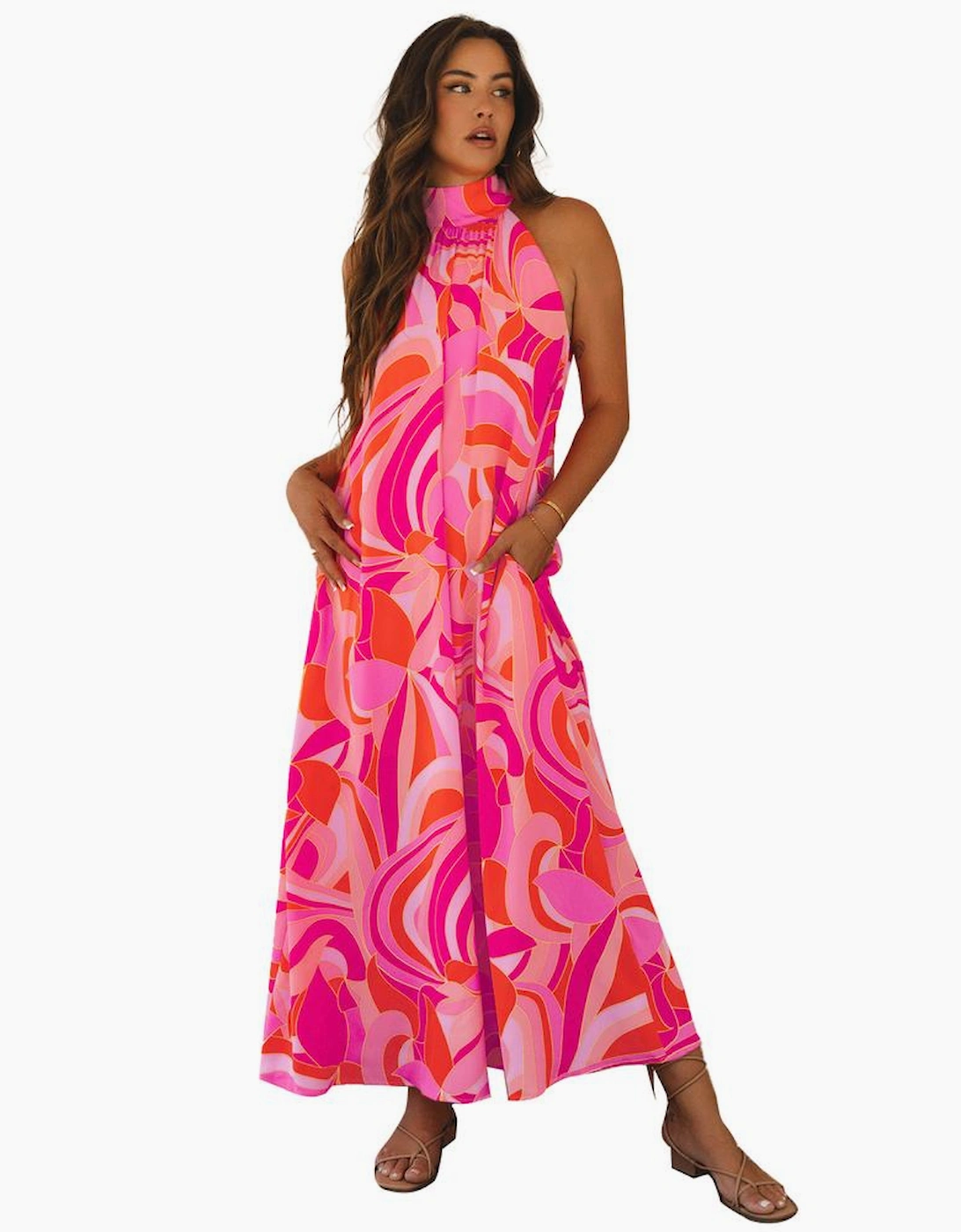 Rose Abstract Printed High Neck Knotted Nape Sleeveless Maxi Dress