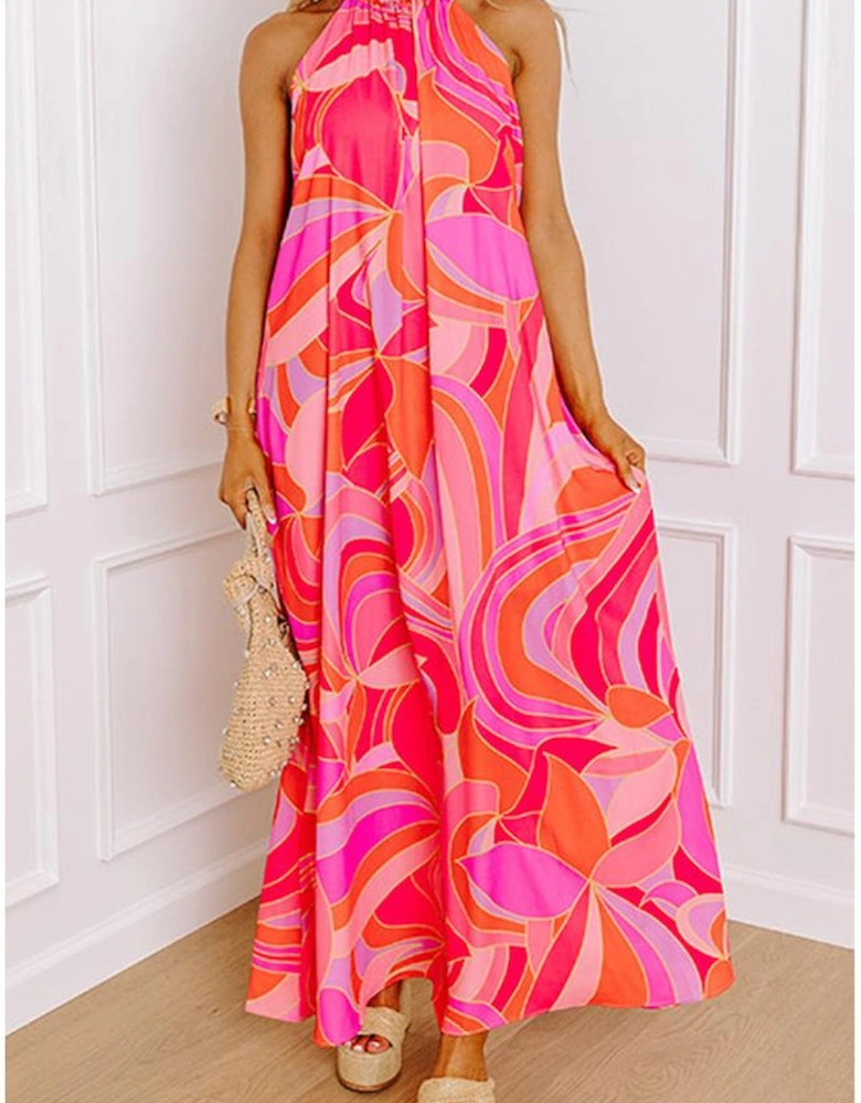 Rose Abstract Printed High Neck Knotted Nape Sleeveless Maxi Dress