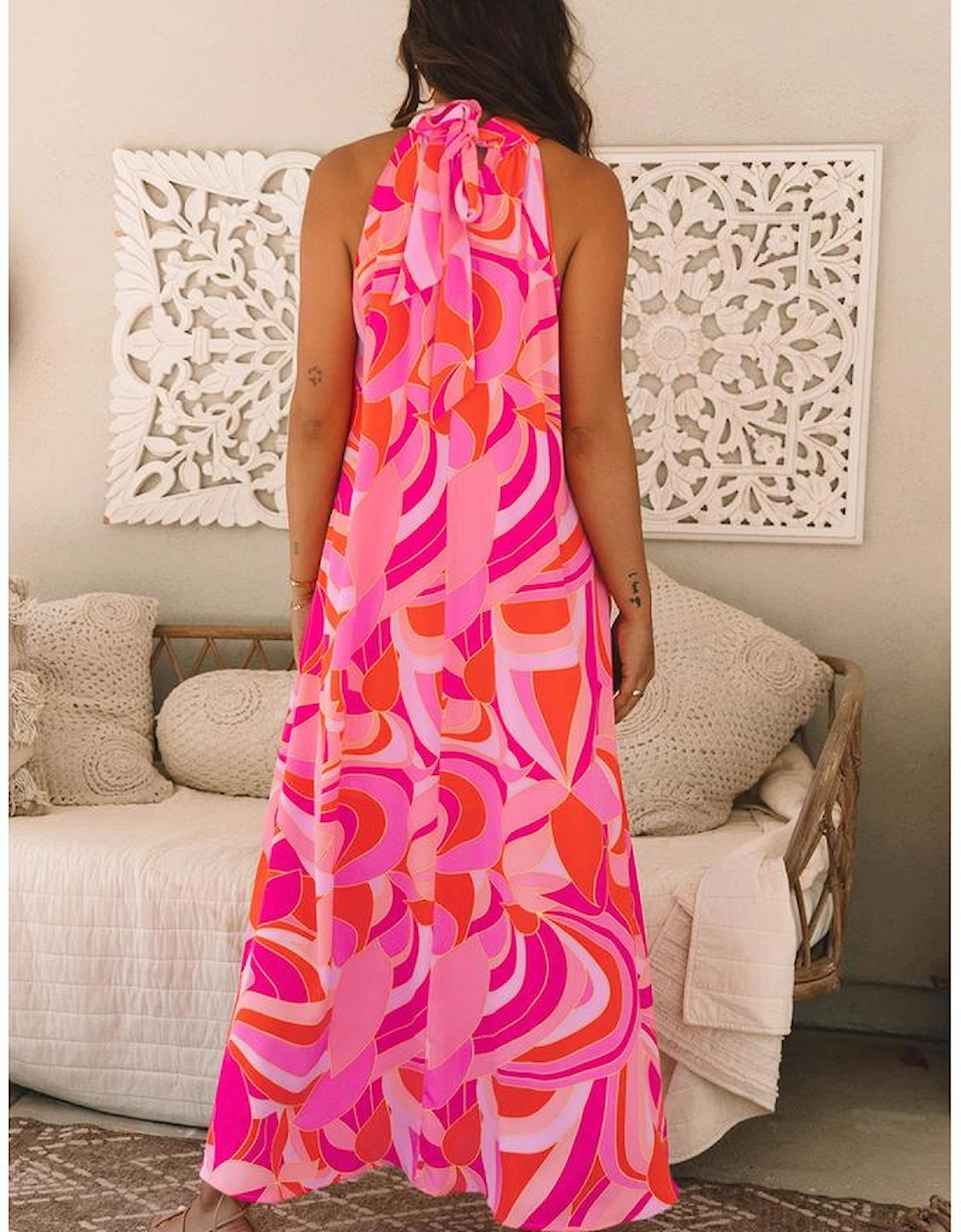 Rose Abstract Printed High Neck Knotted Nape Sleeveless Maxi Dress