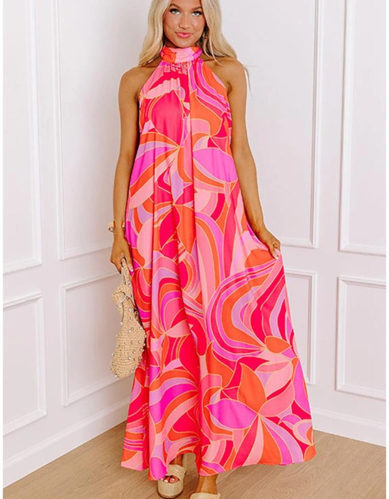 Rose Abstract Printed High Neck Knotted Nape Sleeveless Maxi Dress