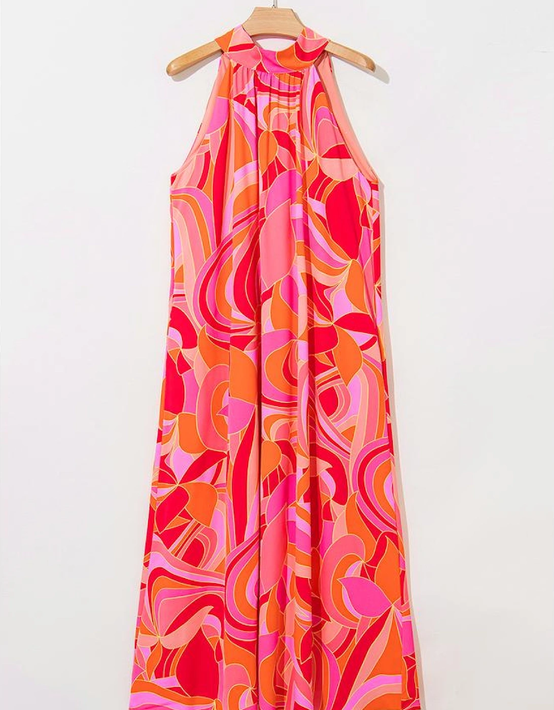 Rose Abstract Printed High Neck Knotted Nape Sleeveless Maxi Dress
