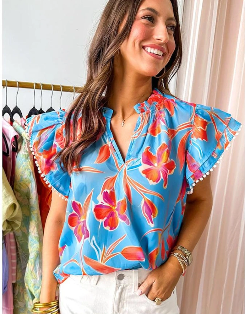 Sky Blue Floral Print V Neck Pompom Trim Flutter Sleeve Blouse