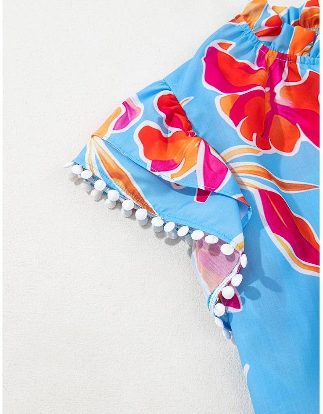 Sky Blue Floral Print V Neck Pompom Trim Flutter Sleeve Blouse