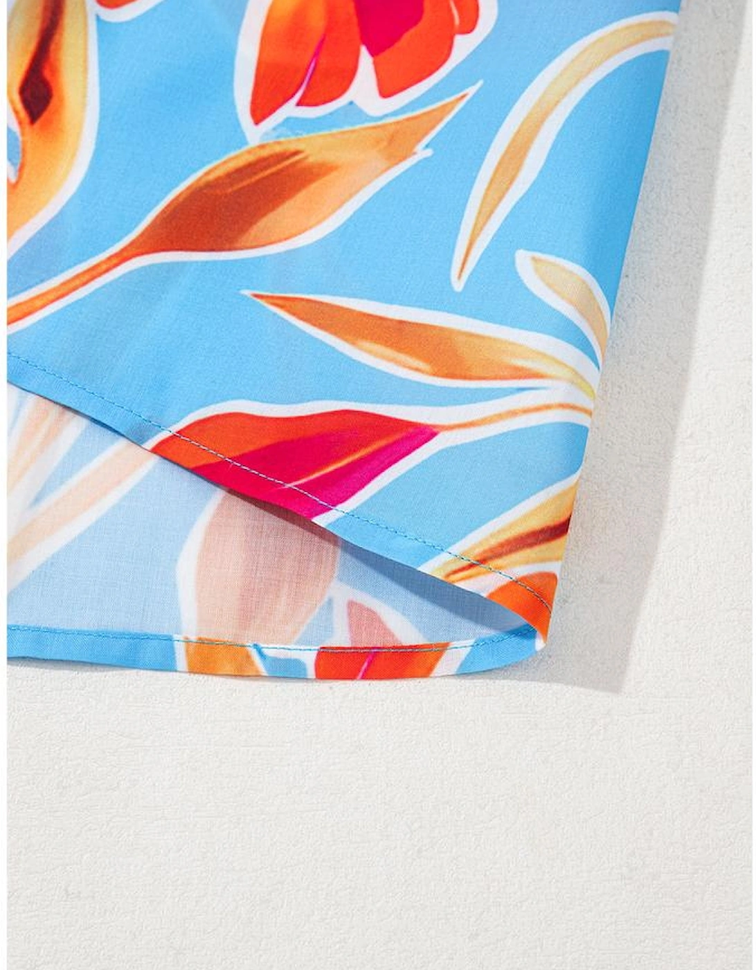 Sky Blue Floral Print V Neck Pompom Trim Flutter Sleeve Blouse