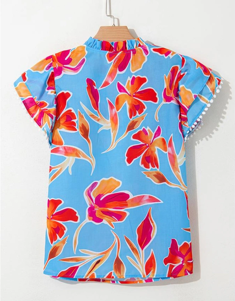 Sky Blue Floral Print V Neck Pompom Trim Flutter Sleeve Blouse