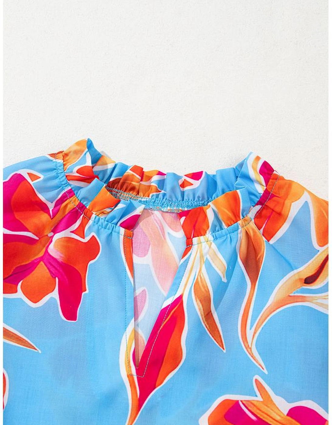 Sky Blue Floral Print V Neck Pompom Trim Flutter Sleeve Blouse