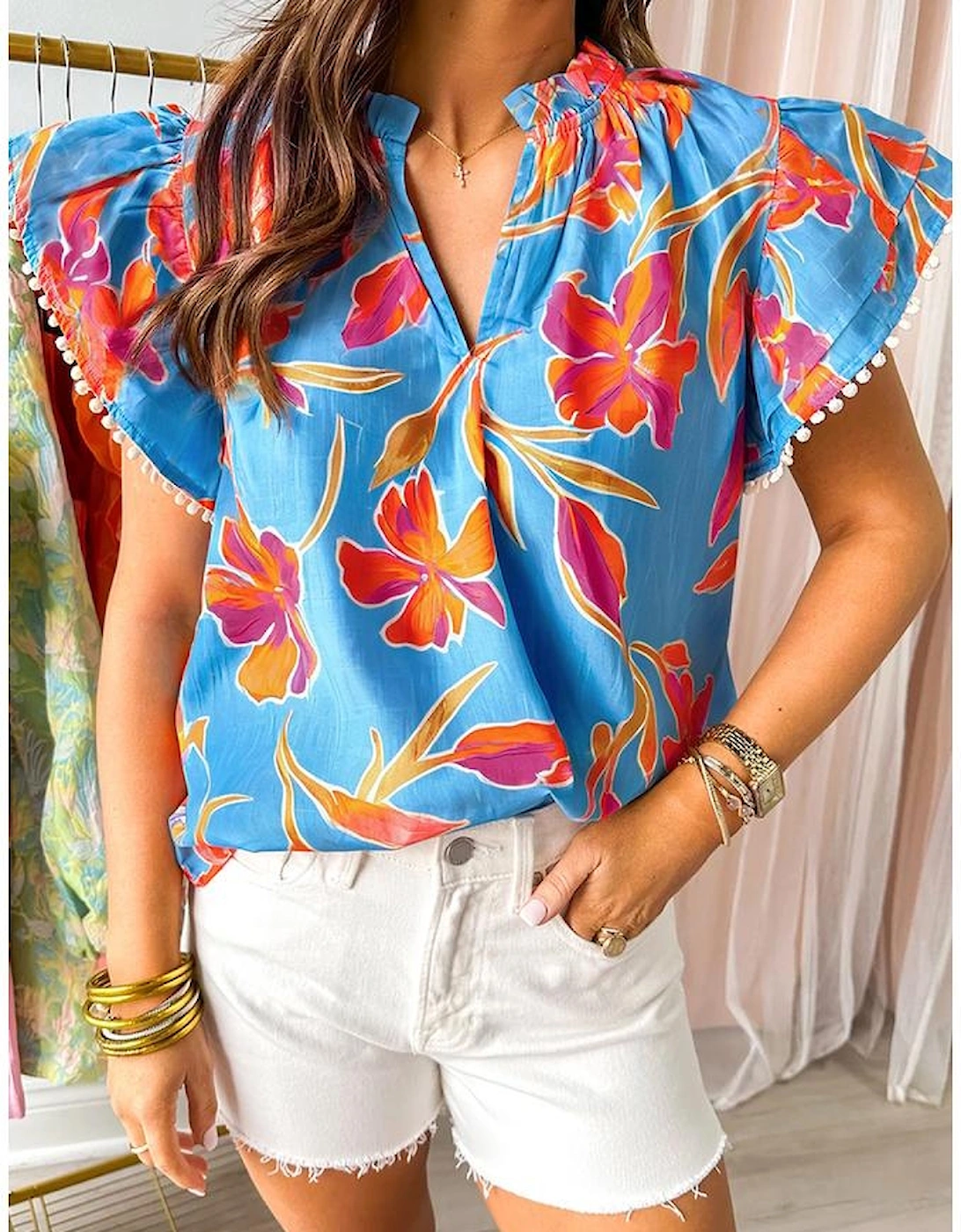 Sky Blue Floral Print V Neck Pompom Trim Flutter Sleeve Blouse