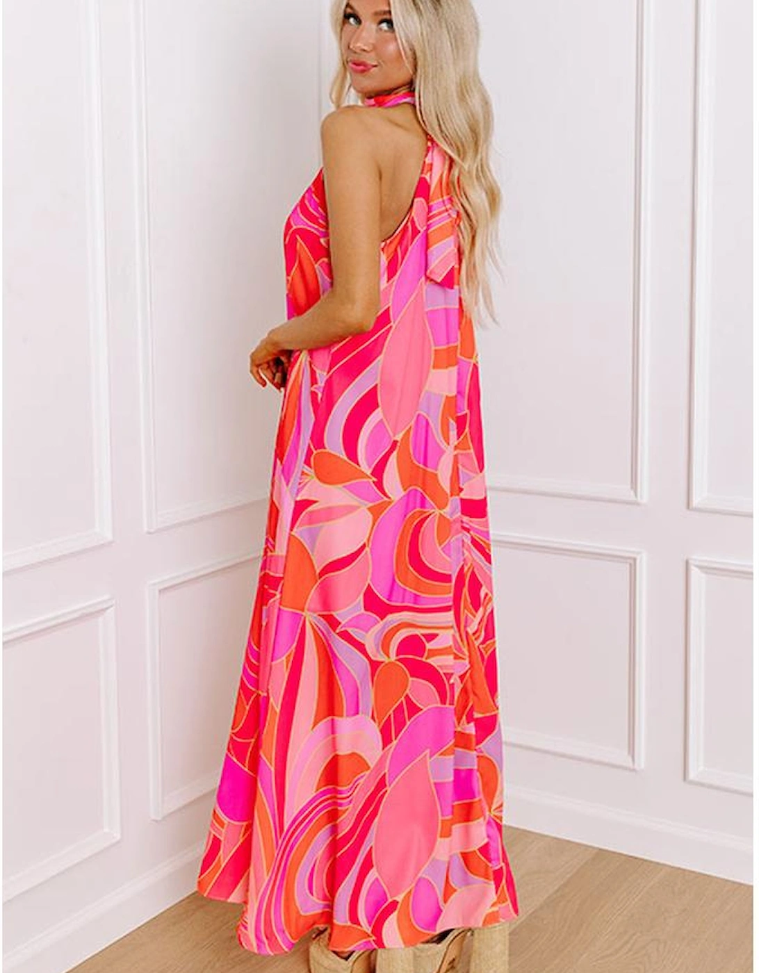 Rose Abstract Printed High Neck Knotted Nape Sleeveless Maxi Dress