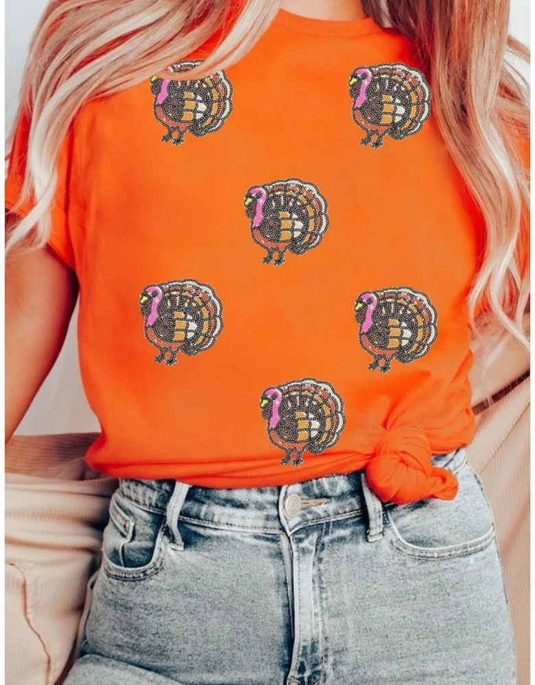 Orange Thanksgiving Turkey Sequin Graphic Womens Casual T Shirt
