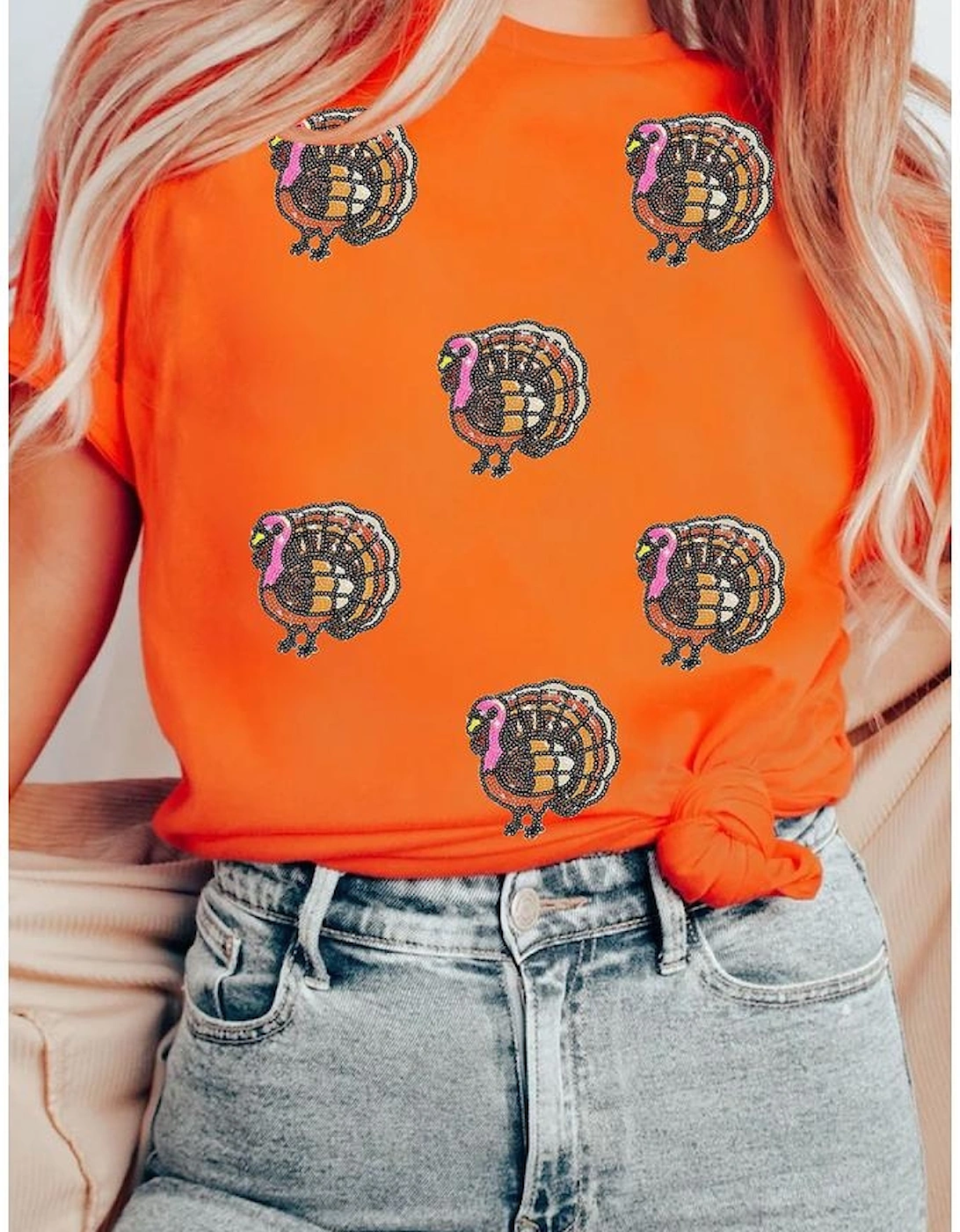 Orange Thanksgiving Turkey Sequin Graphic Womens Casual T Shirt