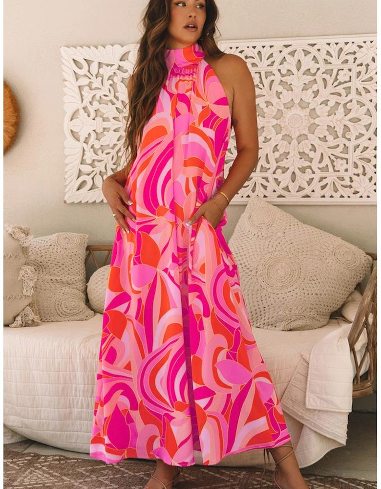 Rose Abstract Printed High Neck Knotted Nape Sleeveless Maxi Dress