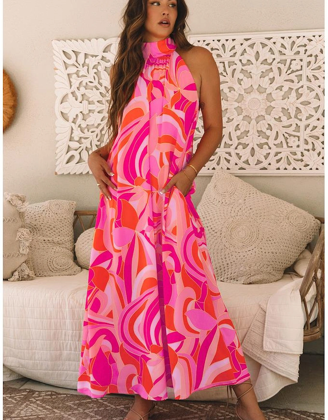 Rose Abstract Printed High Neck Knotted Nape Sleeveless Maxi Dress