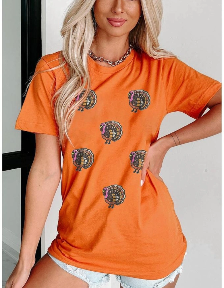 Orange Thanksgiving Turkey Sequin Graphic Womens Casual T Shirt