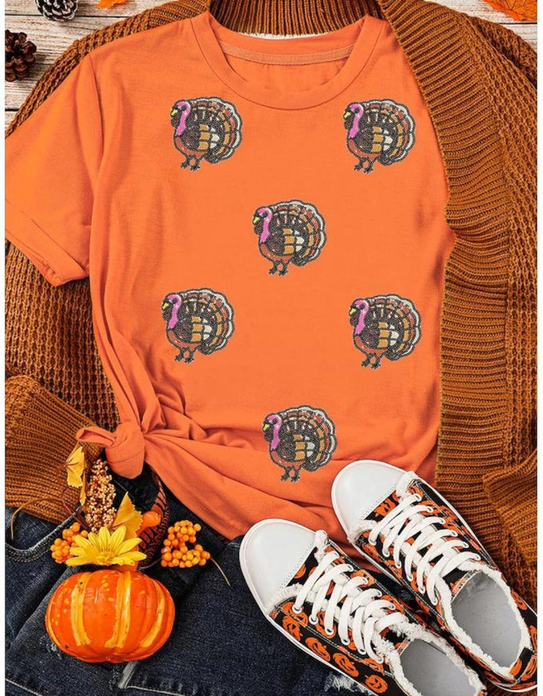 Orange Thanksgiving Turkey Sequin Graphic Womens Casual T Shirt
