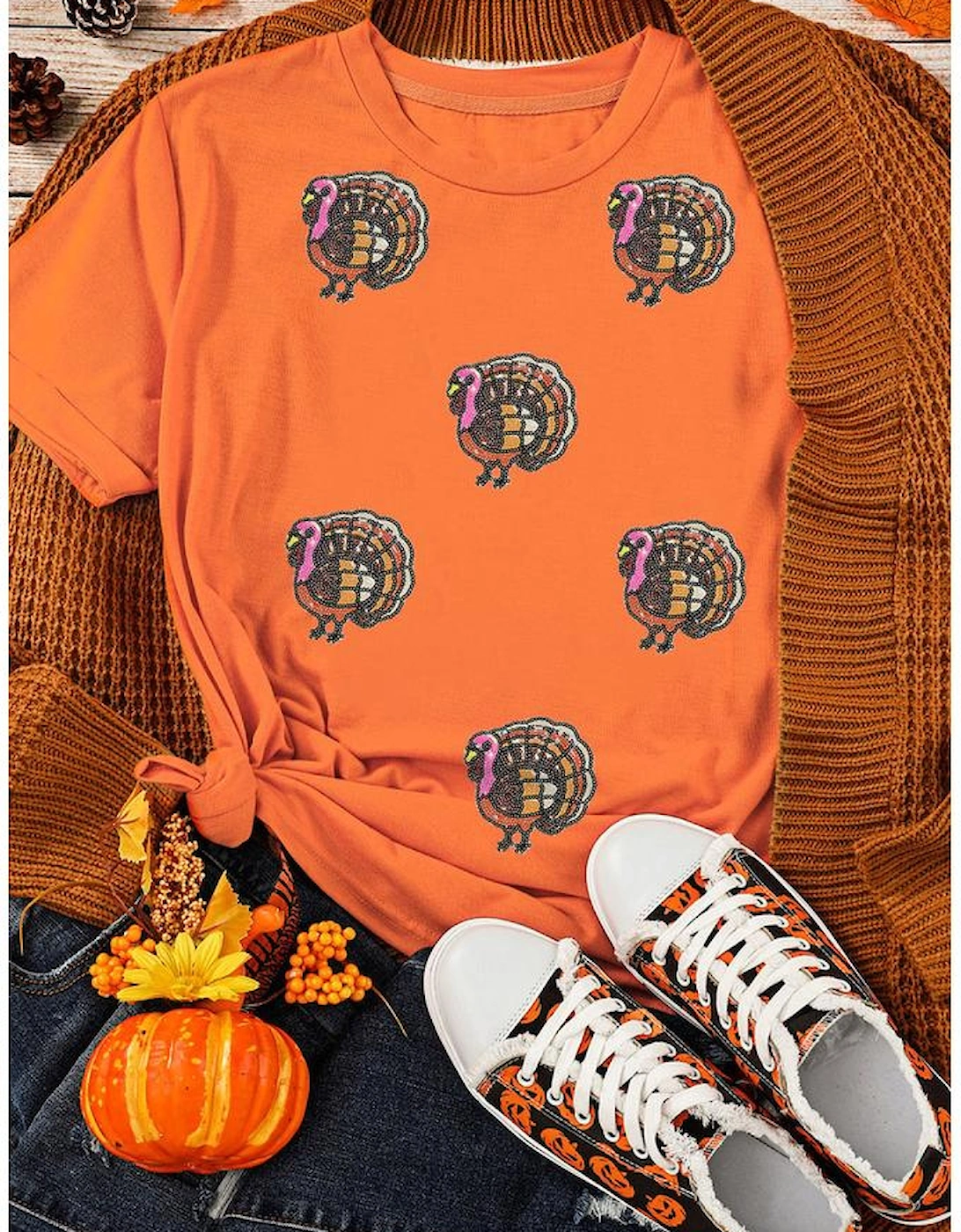 Orange Thanksgiving Turkey Sequin Graphic Womens Casual T Shirt, 7 of 6