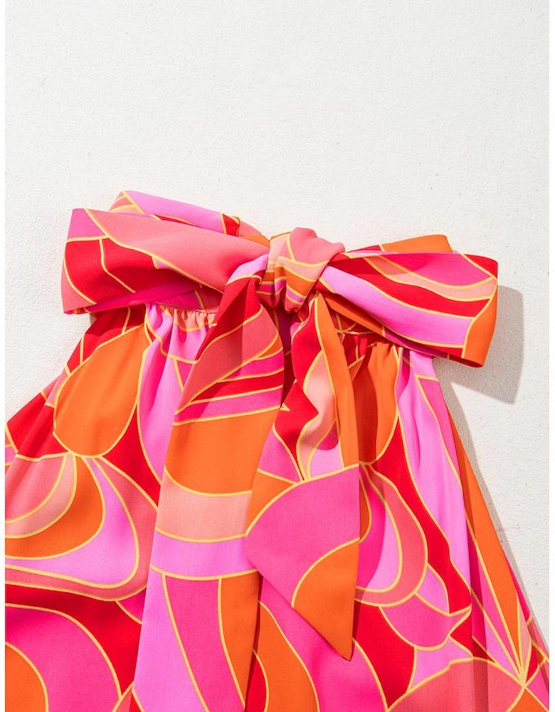 Rose Abstract Printed High Neck Knotted Nape Sleeveless Maxi Dress