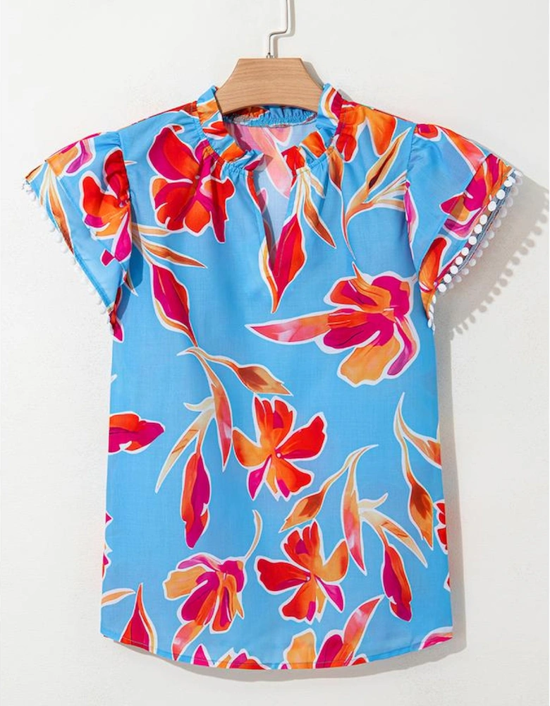 Sky Blue Floral Print V Neck Pompom Trim Flutter Sleeve Blouse