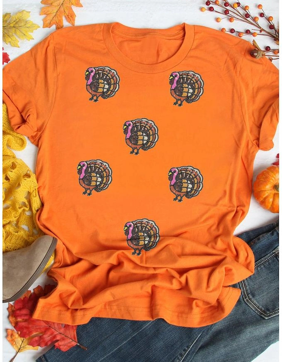 Orange Thanksgiving Turkey Sequin Graphic Womens Casual T Shirt