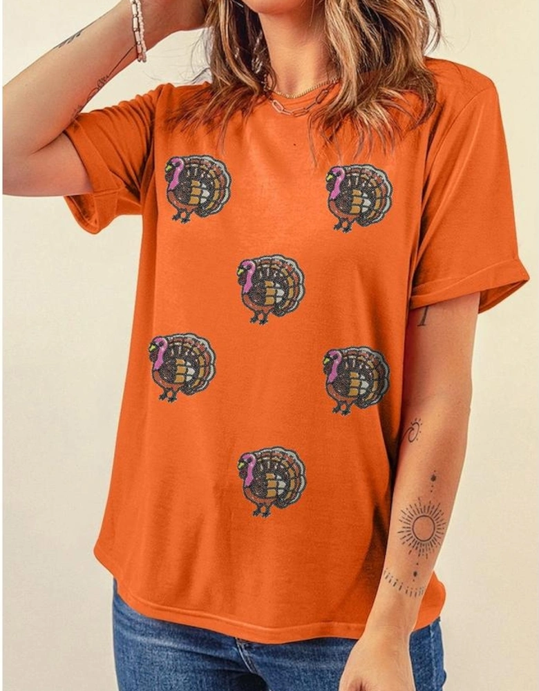 Orange Thanksgiving Turkey Sequin Graphic Womens Casual T Shirt