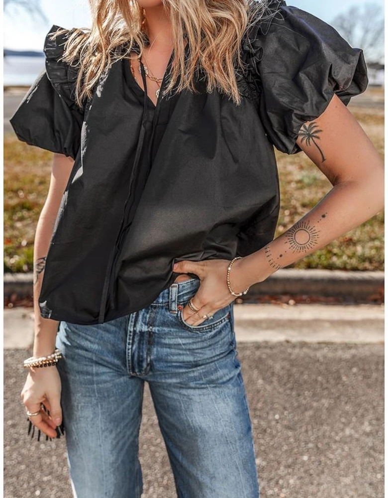 Black Ruffled Puff Short Sleeve Loose Blouse