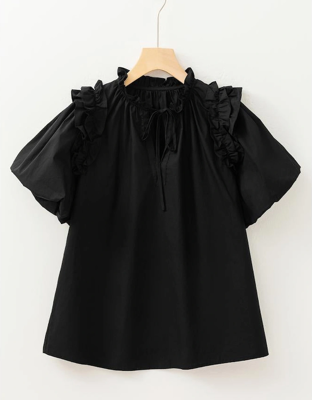 Black Ruffled Puff Short Sleeve Loose Blouse