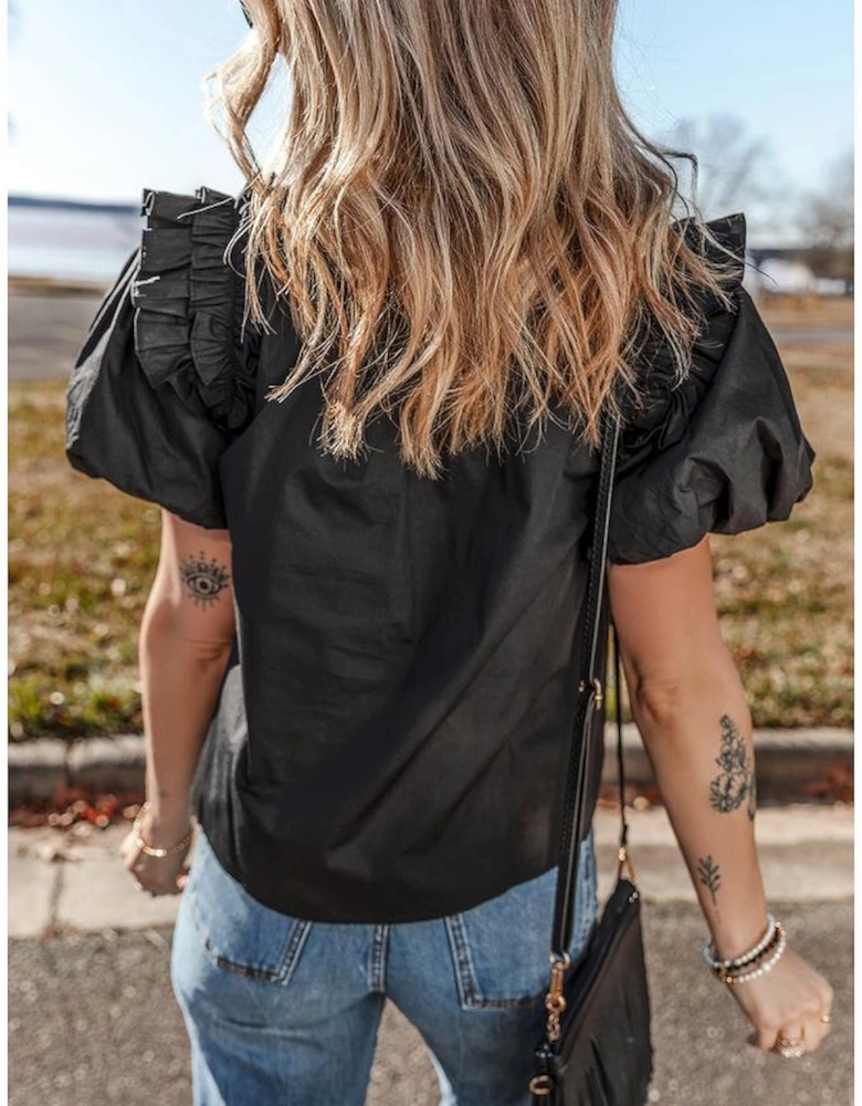 Black Ruffled Puff Short Sleeve Loose Blouse