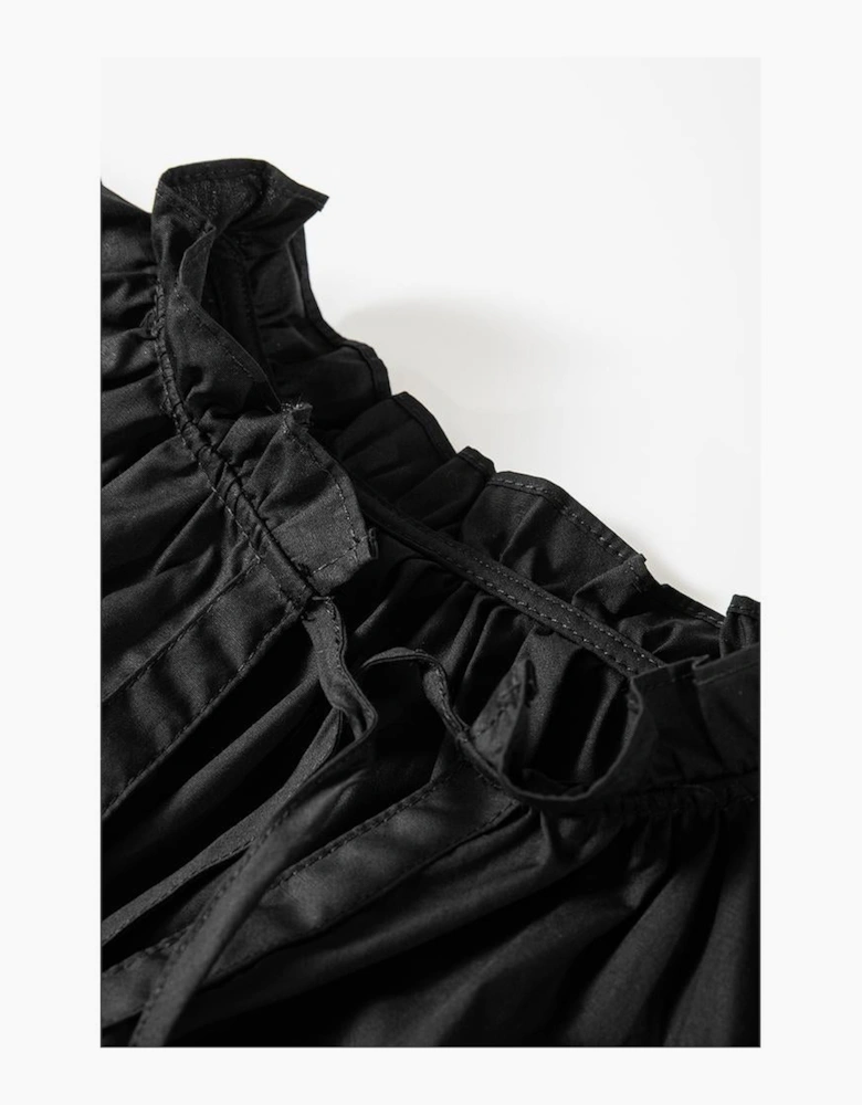 Black Ruffled Puff Short Sleeve Loose Blouse