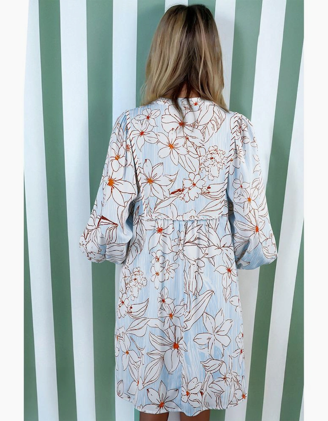 Brown Floral Print Tie Neck 3/4 Sleeve Mini Dress, 13 of 12