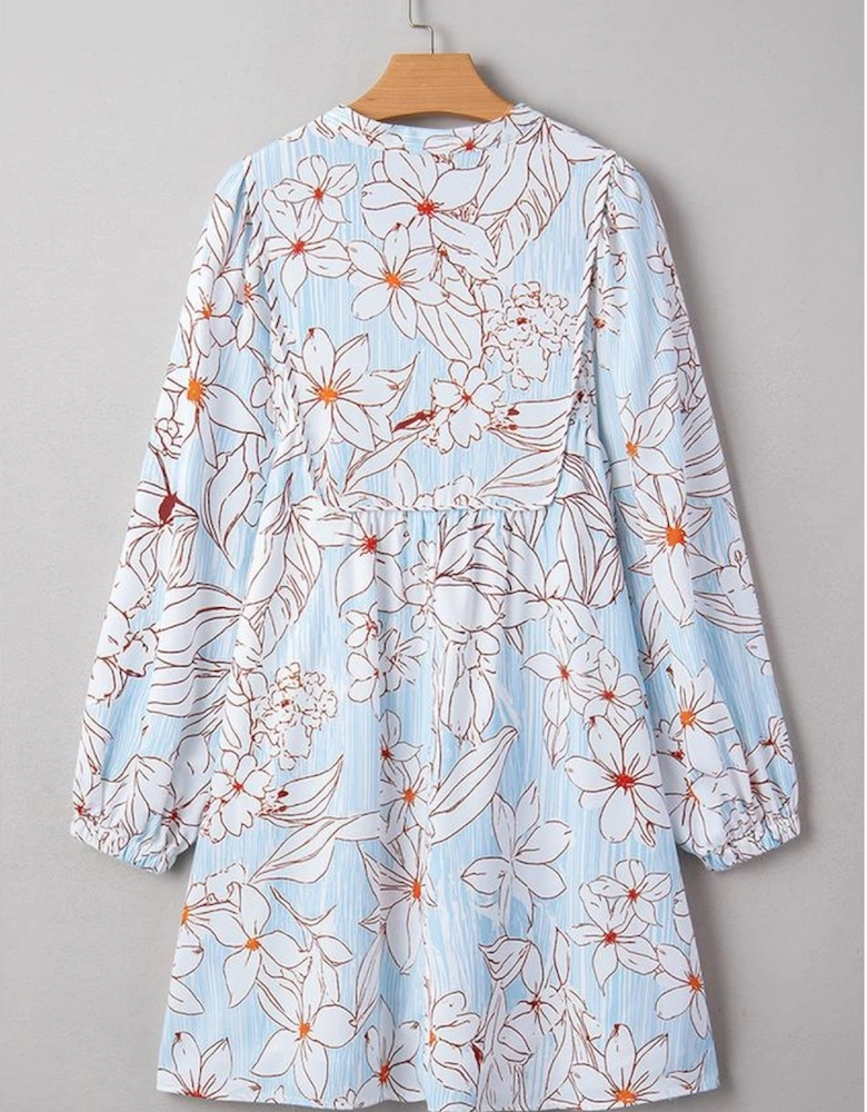 Brown Floral Print Tie Neck 3/4 Sleeve Mini Dress