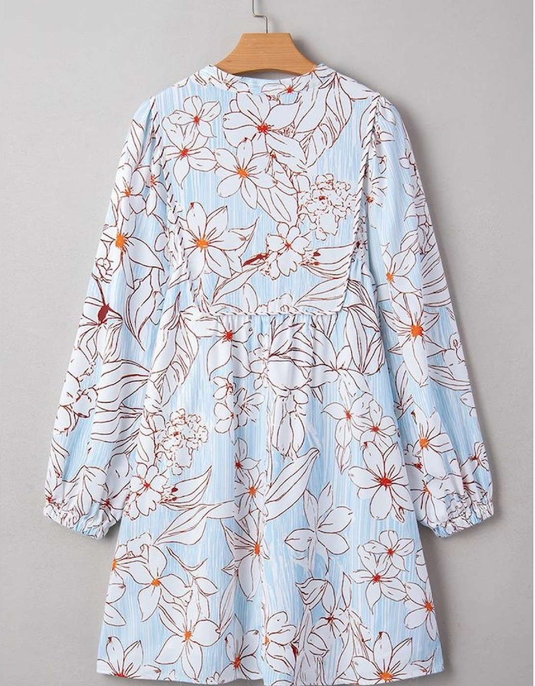 Brown Floral Print Tie Neck 3/4 Sleeve Mini Dress