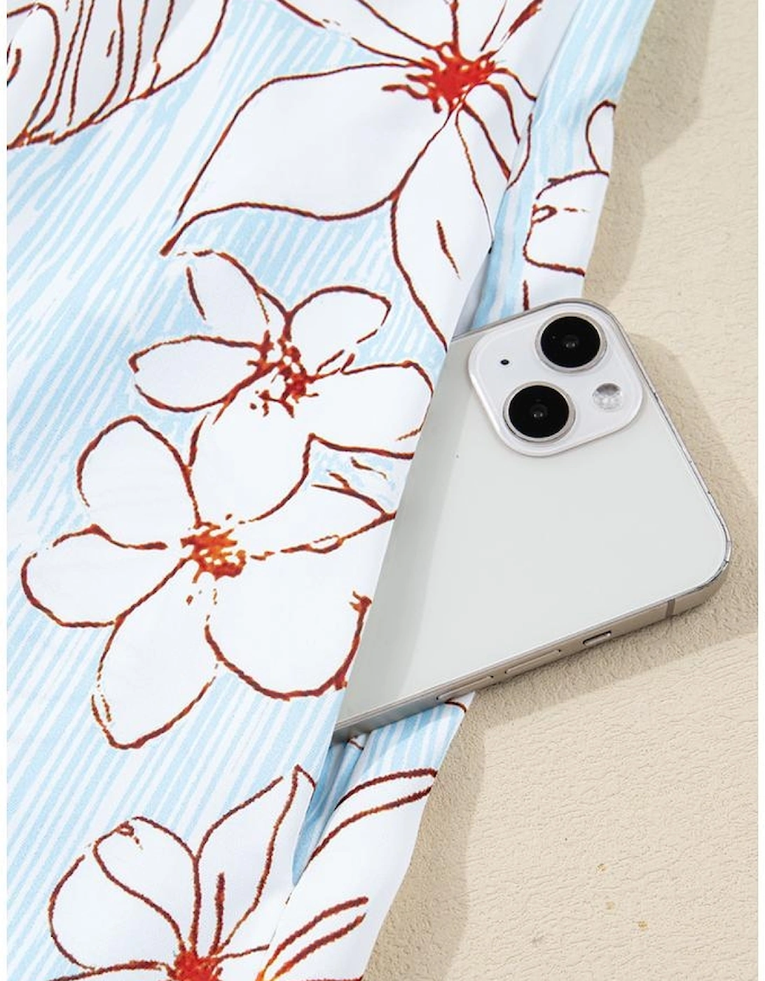 Brown Floral Print Tie Neck 3/4 Sleeve Mini Dress