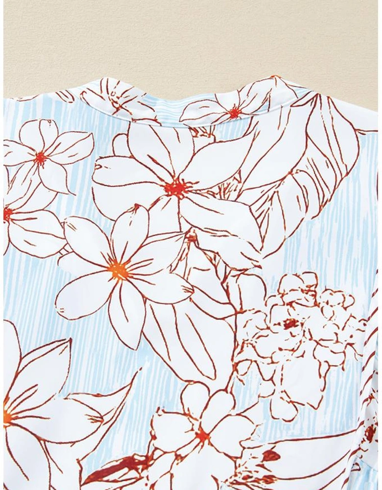 Brown Floral Print Tie Neck 3/4 Sleeve Mini Dress