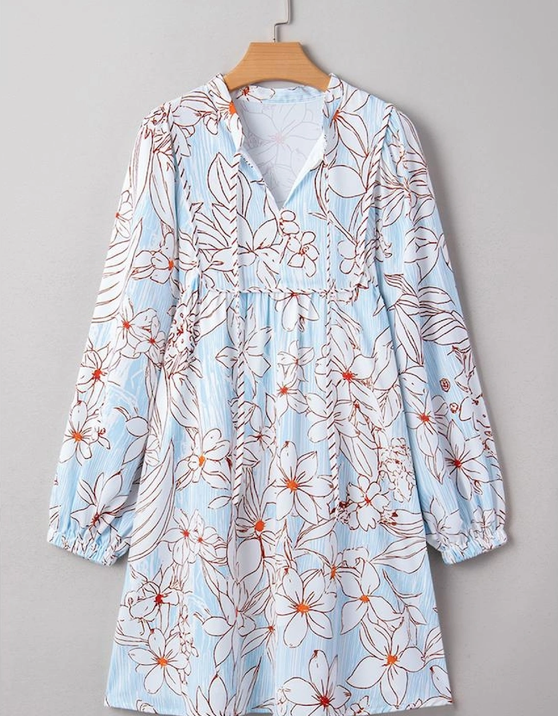 Brown Floral Print Tie Neck 3/4 Sleeve Mini Dress