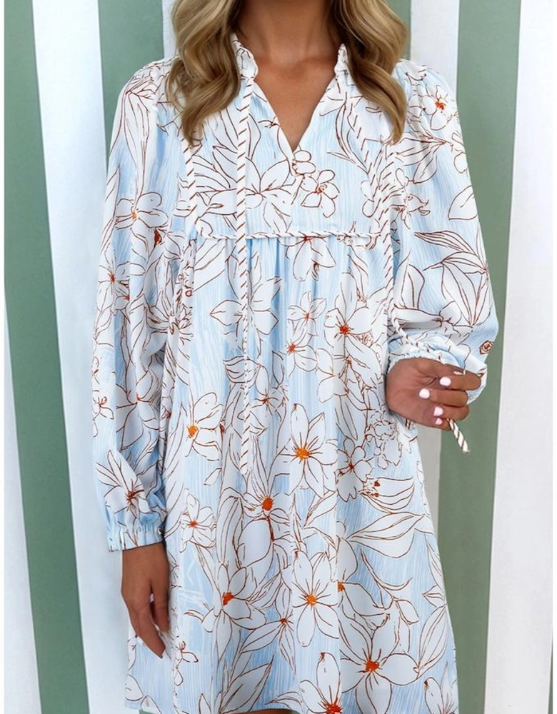 Brown Floral Print Tie Neck 3/4 Sleeve Mini Dress
