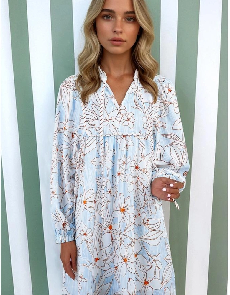 Brown Floral Print Tie Neck 3/4 Sleeve Mini Dress