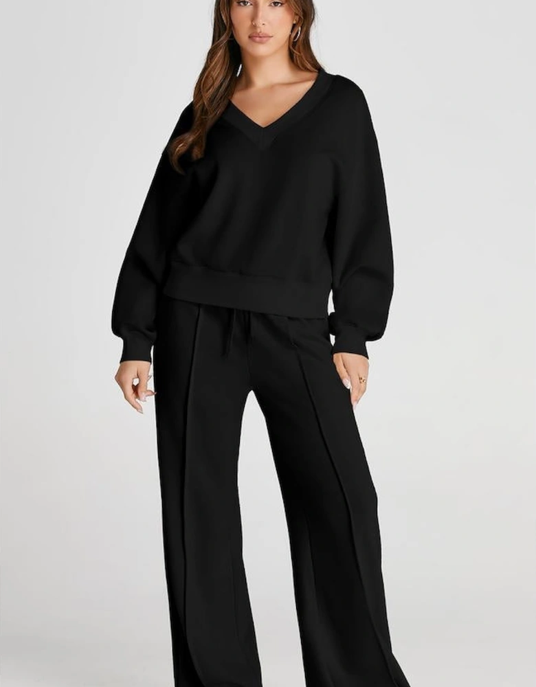 Black V Neck Cropped Seamed High Waist Sports Wear