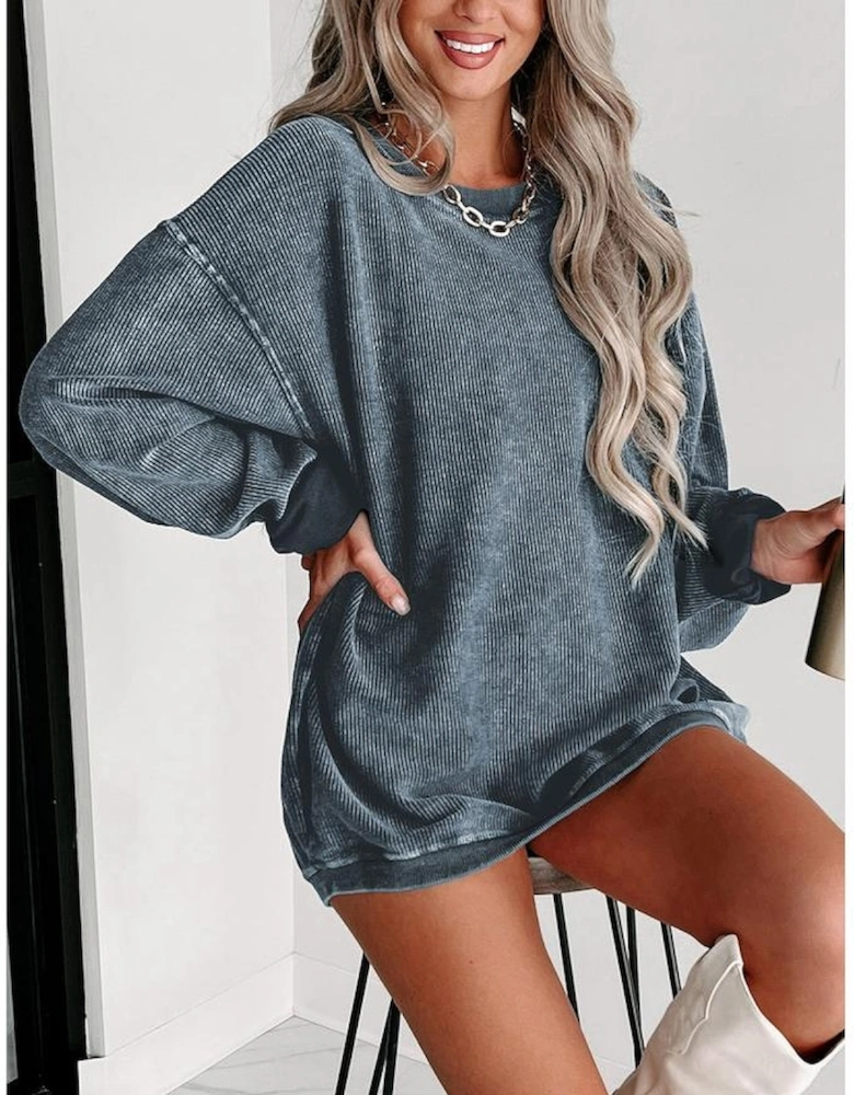 Blue Solid Ribbed Knit Round Neck Pullover Sweatshirt