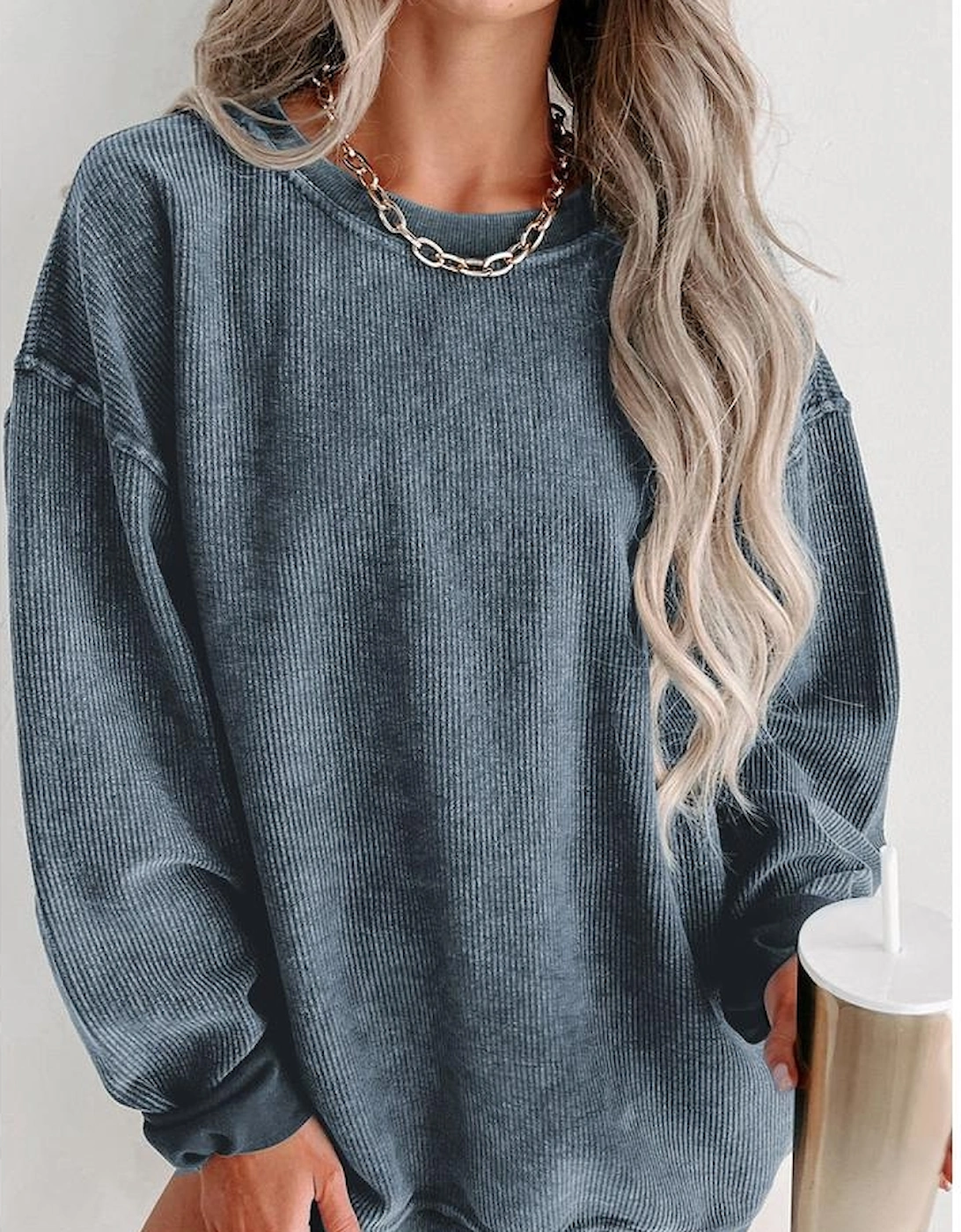 Blue Solid Ribbed Knit Round Neck Pullover Sweatshirt