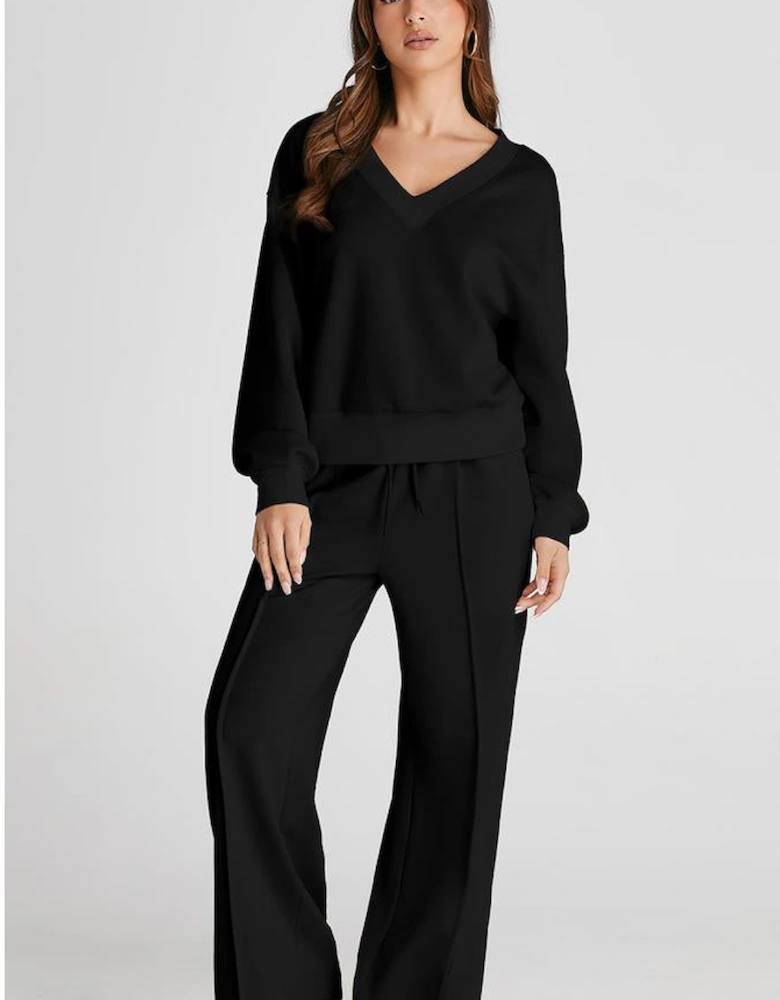 Black V Neck Cropped Seamed High Waist Sports Wear