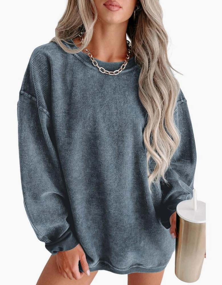 Blue Solid Ribbed Knit Round Neck Pullover Sweatshirt